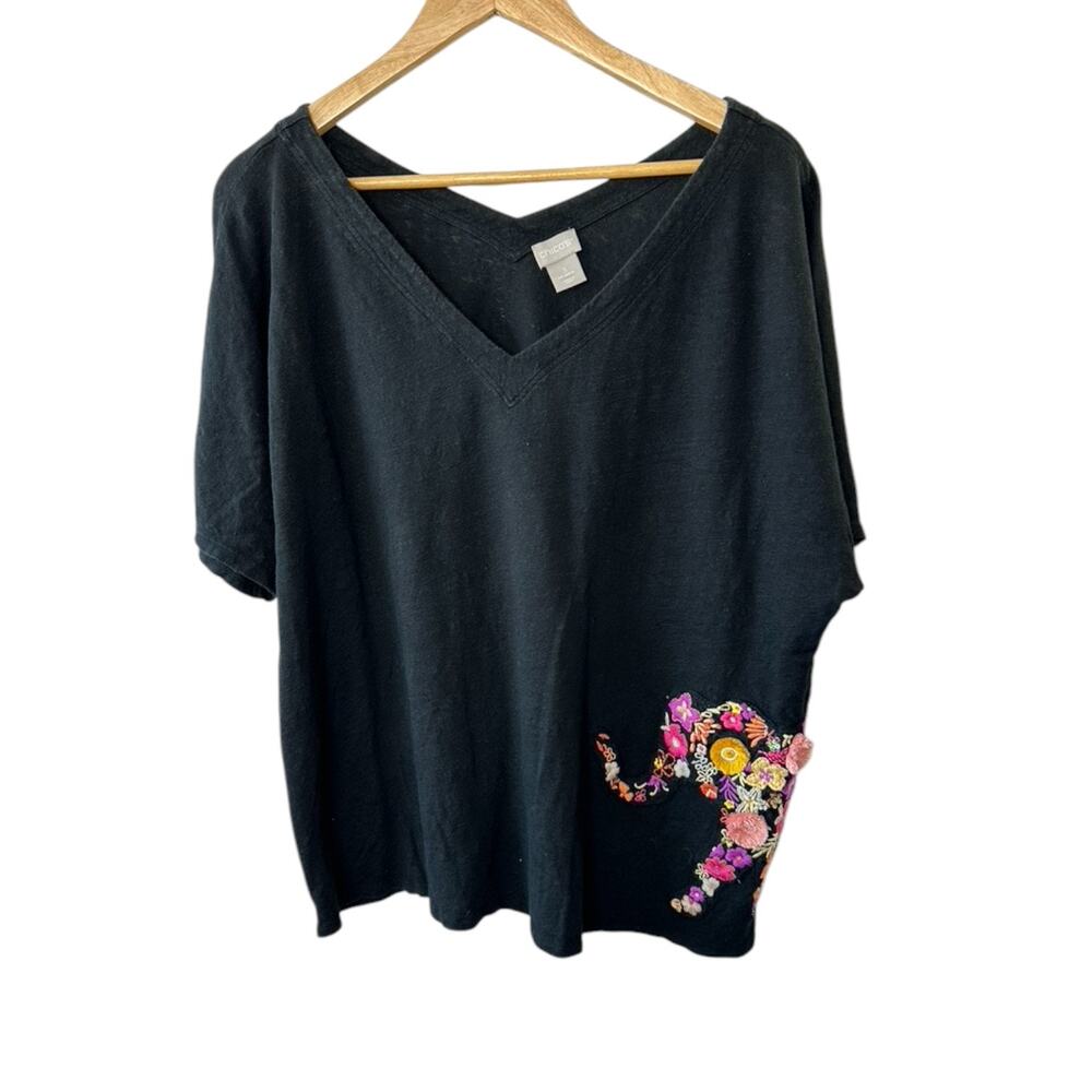 Chico's Black V-Neck Blouse with Floral Elephant Embroidery